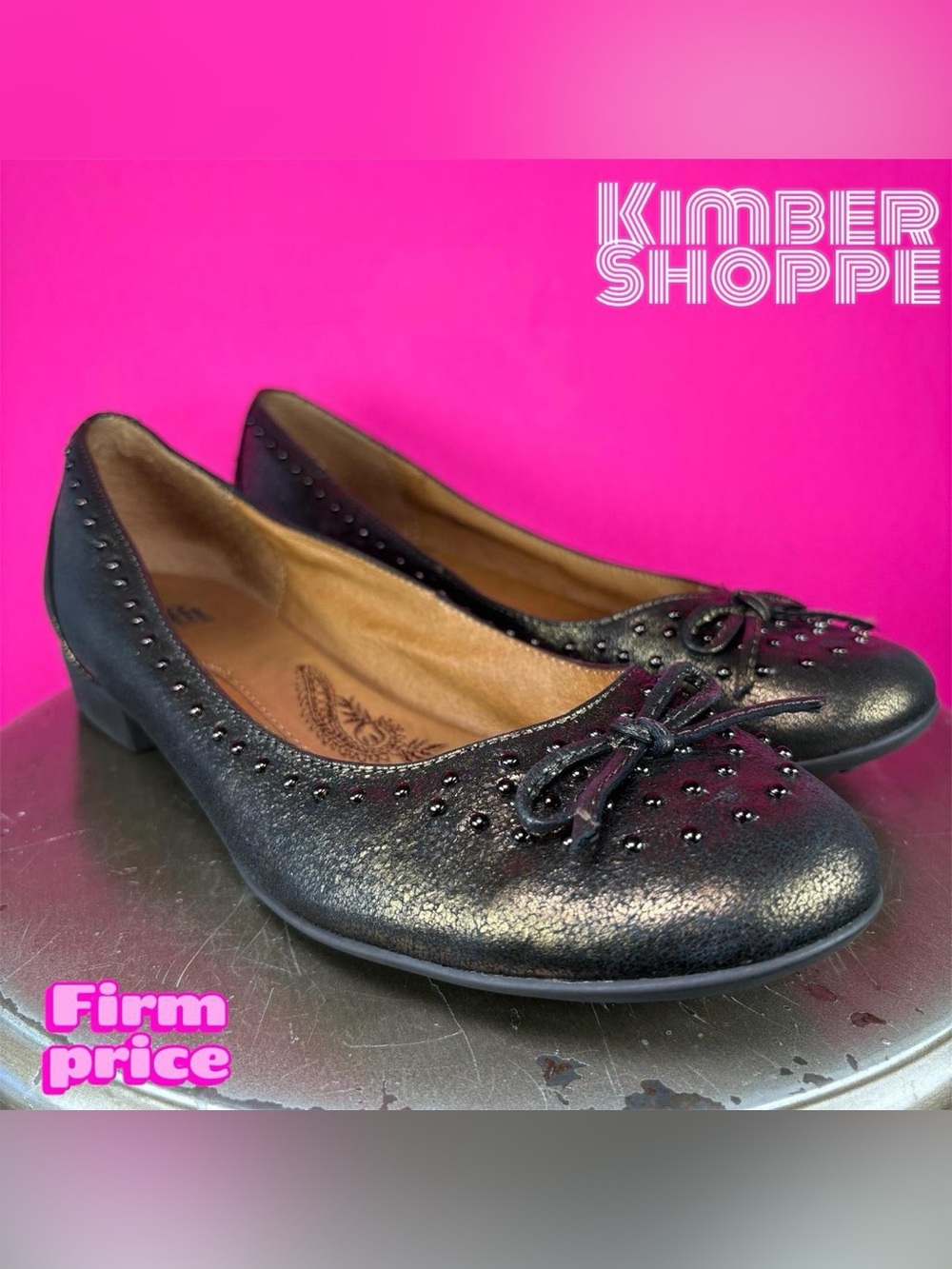 Sofft Metallic Bronze Leather Studded Bow Detail Ballet Flat US 10 UK 7.5